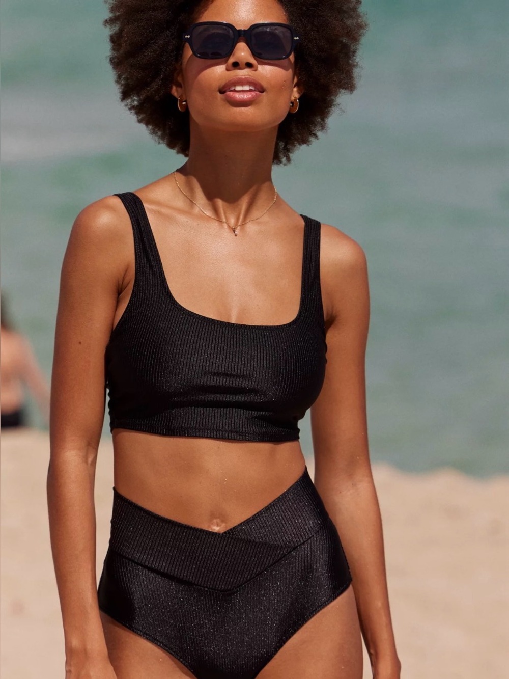 NWT Aerie FULL SET Shine Rib Longline Top + Crossover High Waist Bottom Black M